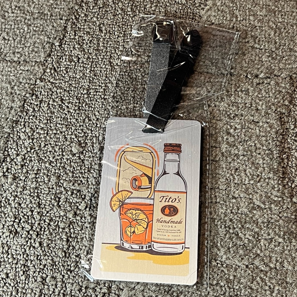 Tito’s Handmade Vodka Metal Luggage Tag Leather Strap Alcohol Booze Drinking